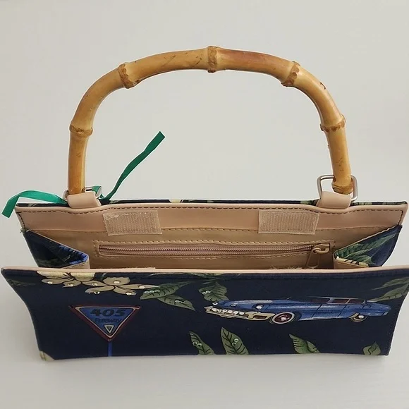 Vintage Car Print Handbag with Bamboo Handle - Picture 3 of 4